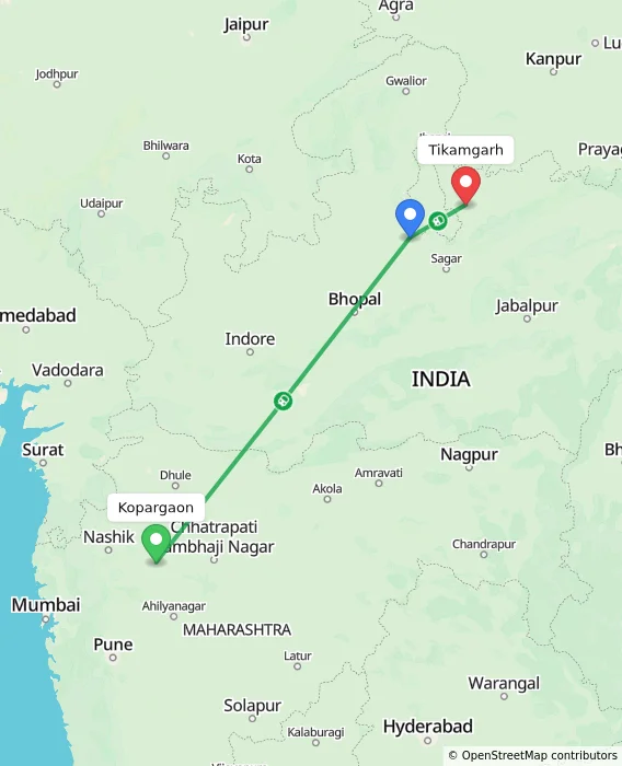 Route map showing distance and travel time from Kopargaon, India to Tikamgarh, India