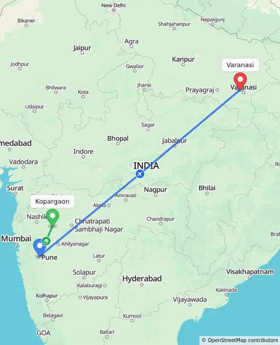 Route map showing distance and travel time from Kopargaon, India to Varanasi, India