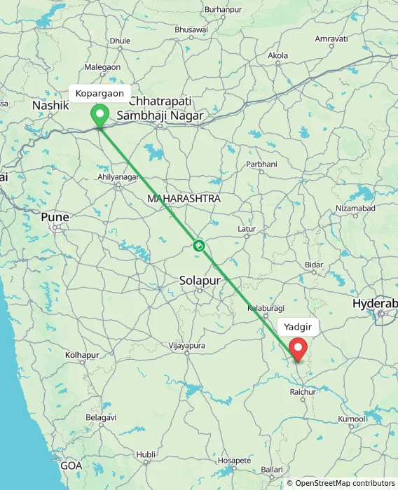 Route map showing distance and travel time from Kopargaon, India to Yadgir, India