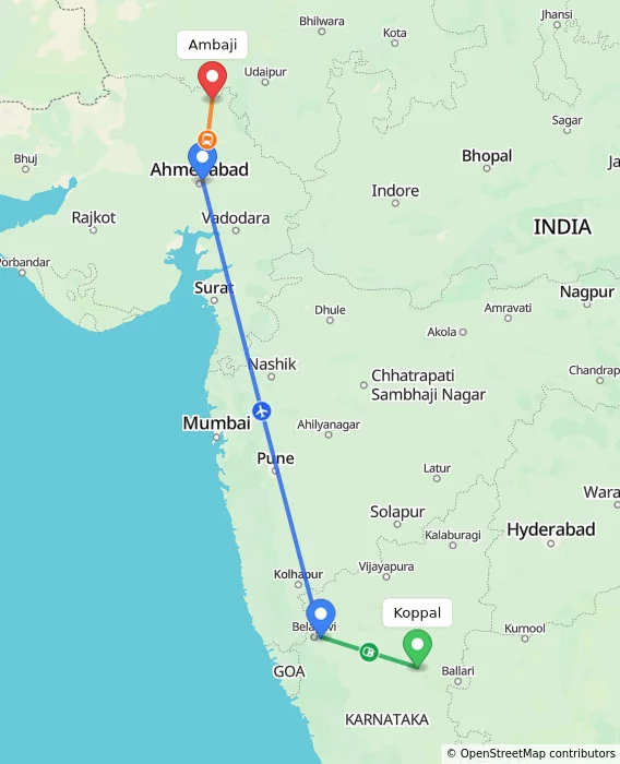 Route map showing distance and travel time from Koppal, India to Ambaji, India