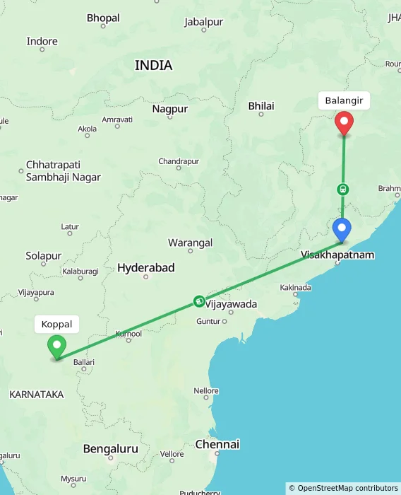 Route map showing distance and travel time from Koppal, India to Balangir, India