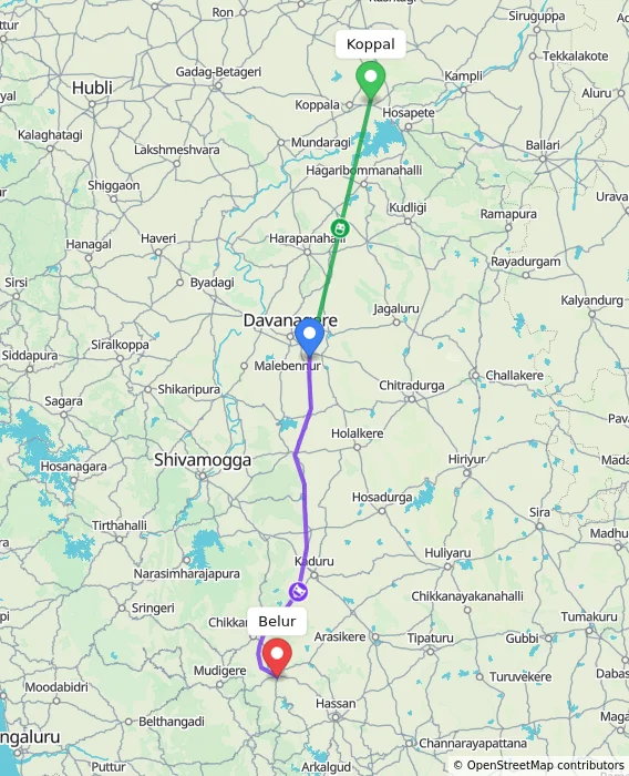 Route map showing distance and travel time from Koppal, India to Belur, India