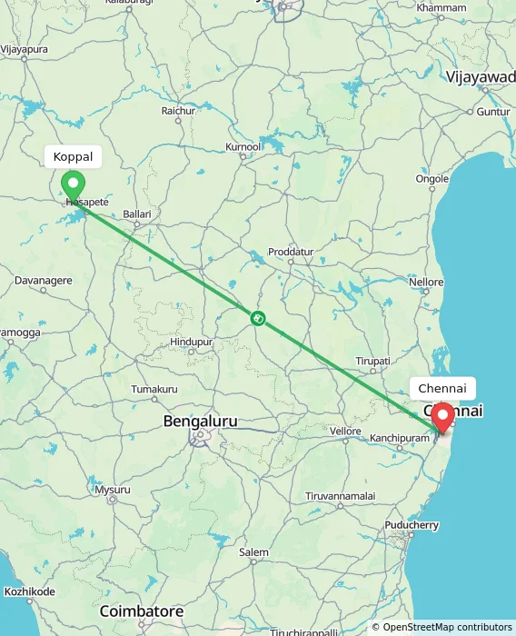 Route map showing distance and travel time from Koppal, India to Chennai, India