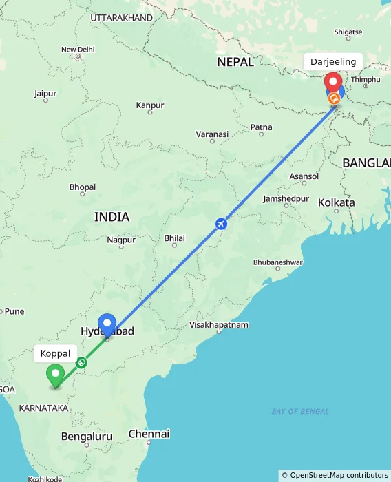 Route map showing distance and travel time from Koppal, India to Darjeeling, India