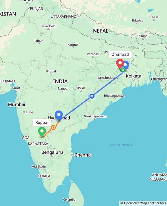 Route map showing distance and travel time from Koppal, India to Dhanbad, India