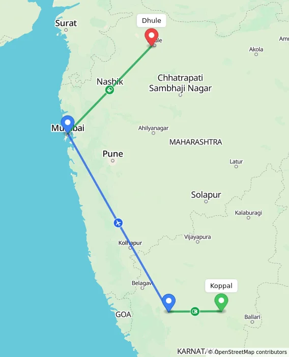 Route map showing distance and travel time from Koppal, India to Dhule, India