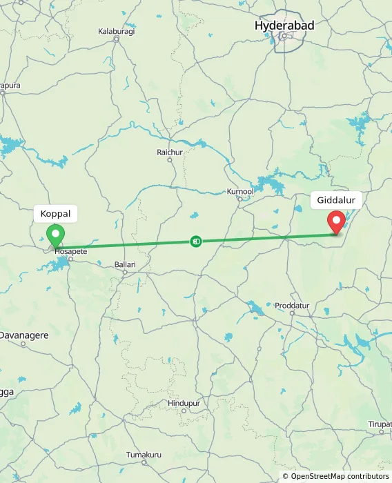 Route map showing distance and travel time from Koppal, India to Giddalur, India