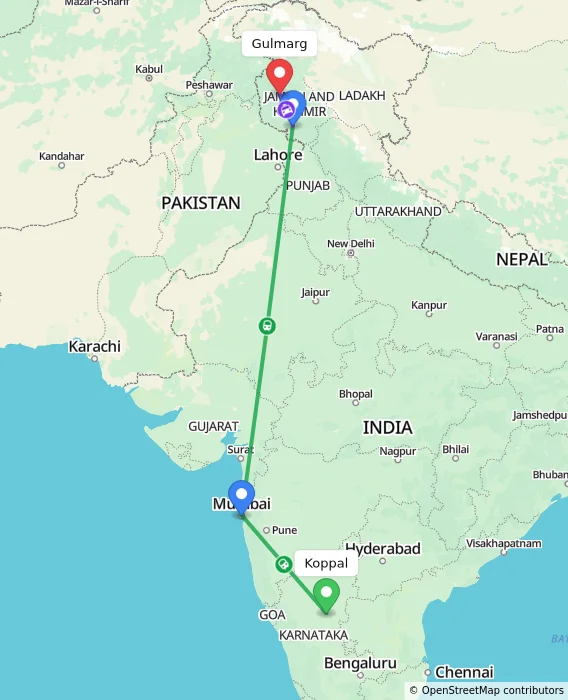 Route map showing distance and travel time from Koppal, India to Gulmarg, India