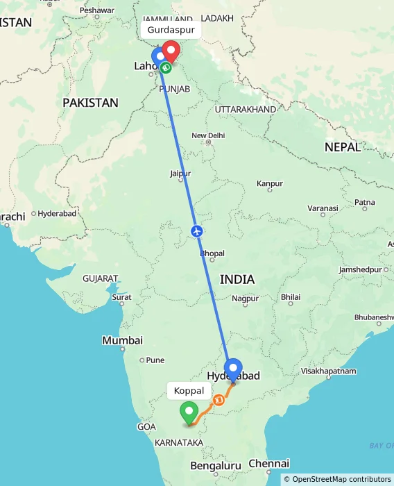 Route map showing distance and travel time from Koppal, India to Gurdaspur, India