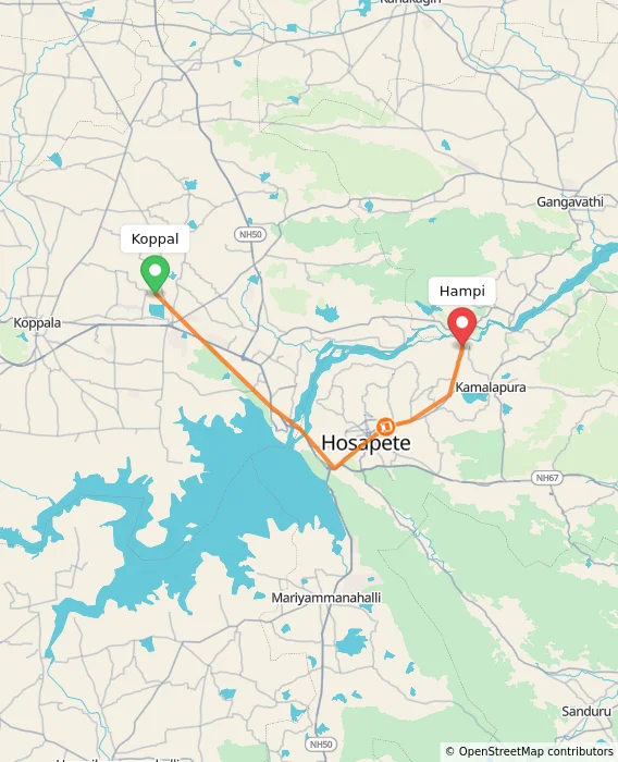 Route map showing distance and travel time from Koppal, India to Hampi, India
