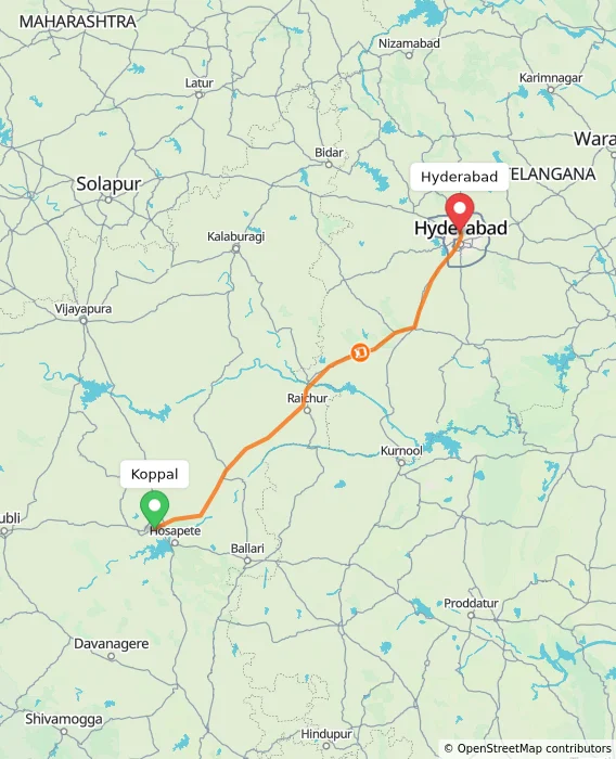 Route map showing distance and travel time from Koppal, India to Hyderabad, India
