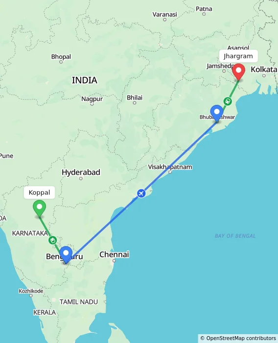 Route map showing distance and travel time from Koppal, India to Jhargram, India