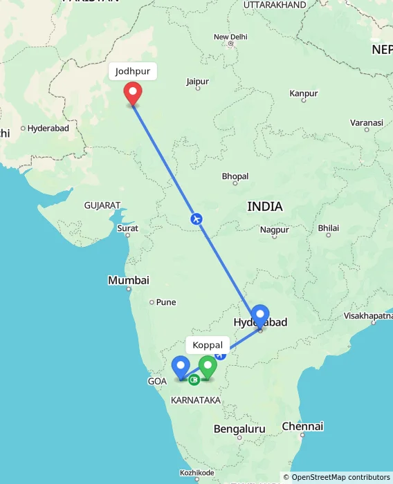 Route map showing distance and travel time from Koppal, India to Jodhpur, India