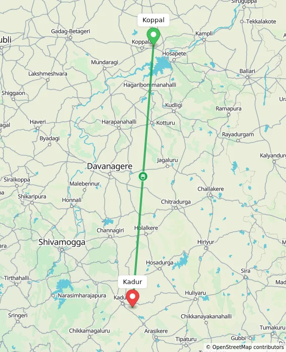 Route map showing distance and travel time from Koppal, India to Kadur, India