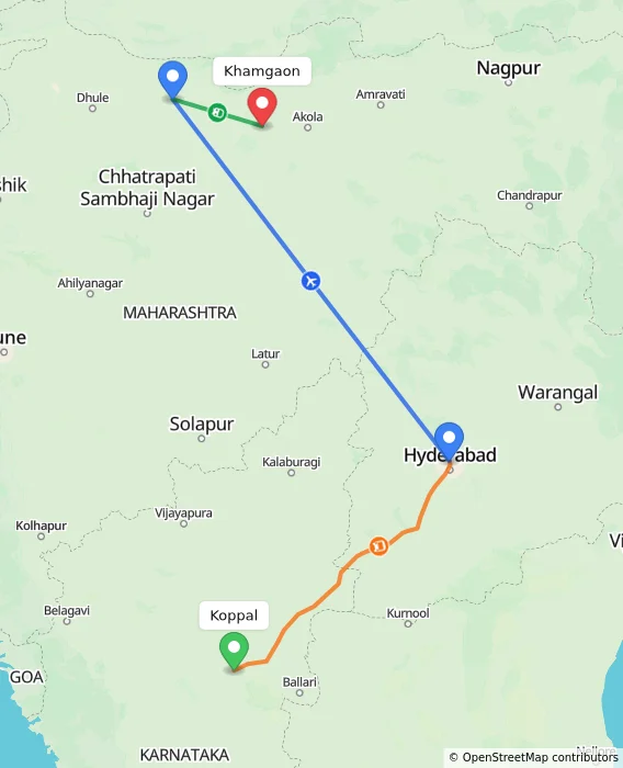 Route map showing distance and travel time from Koppal, India to Khamgaon, India