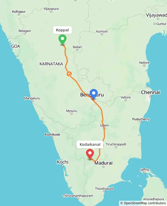 Route map showing distance and travel time from Koppal, India to Kodaikanal, India