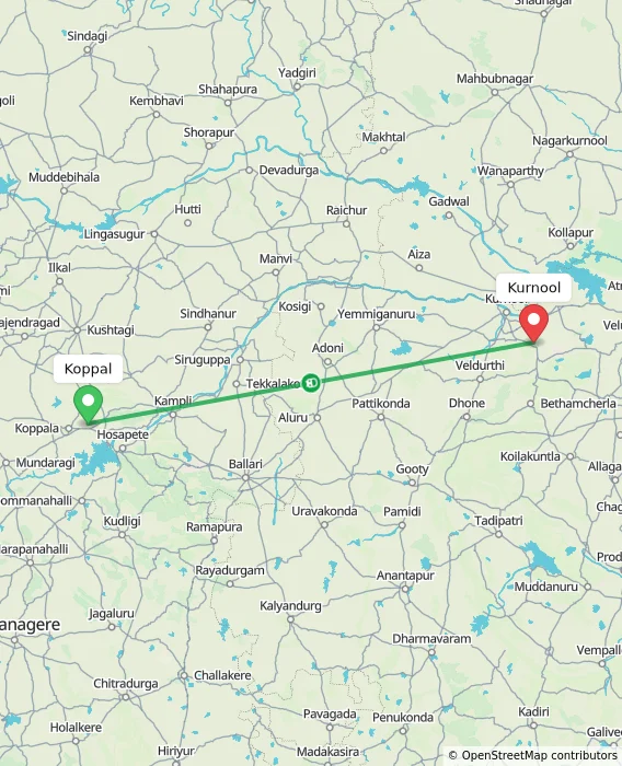 Route map showing distance and travel time from Koppal, India to Kurnool, India