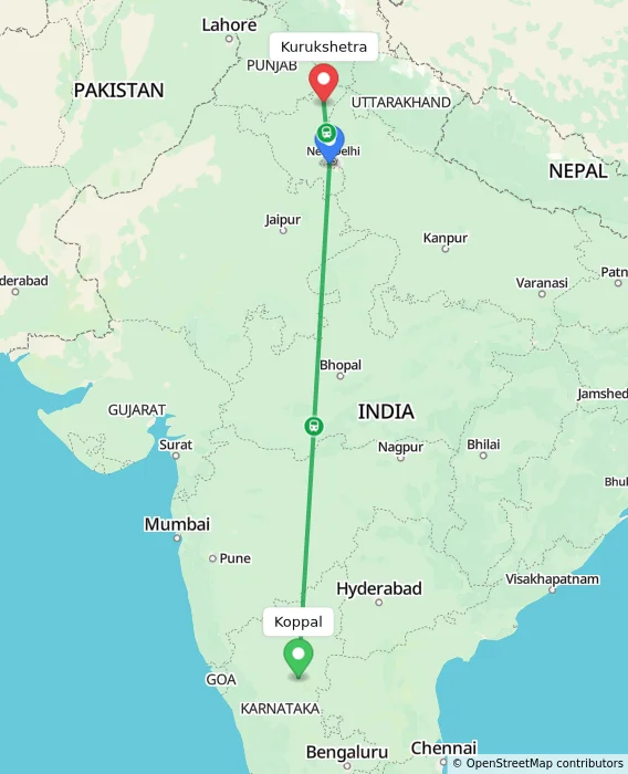 Route map showing distance and travel time from Koppal, India to Kurukshetra, India