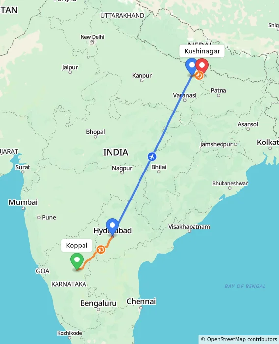 Route map showing distance and travel time from Koppal, India to Kushinagar, India