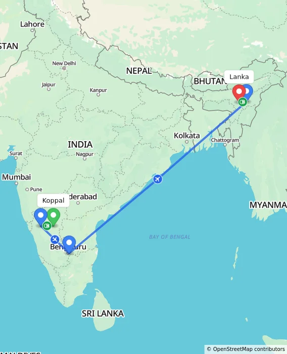 Route map showing distance and travel time from Koppal, India to Lanka, India