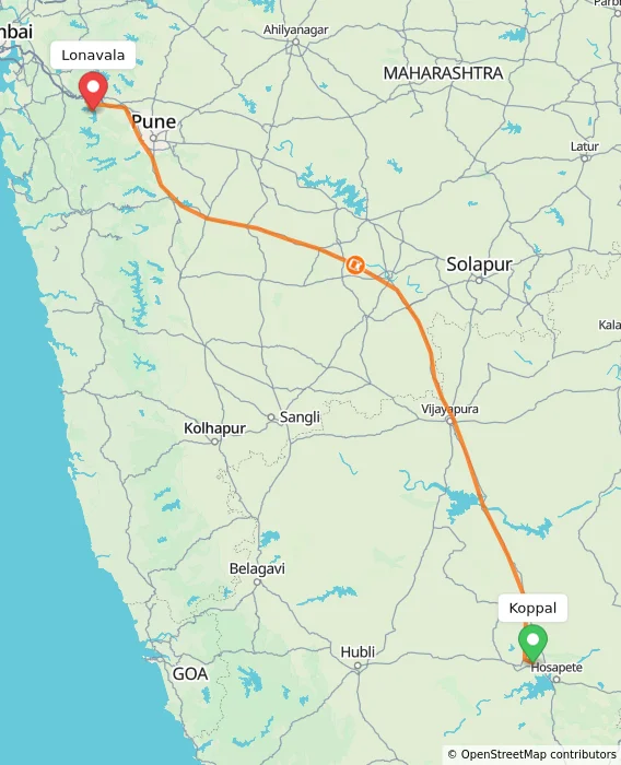 Route map showing distance and travel time from Koppal, India to Lonavala, India