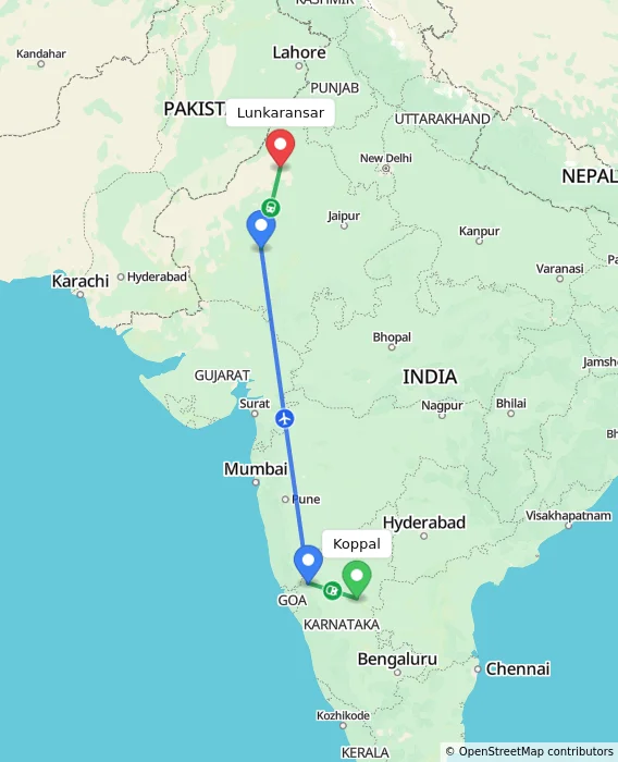 Route map showing distance and travel time from Koppal, India to Lunkaransar, India