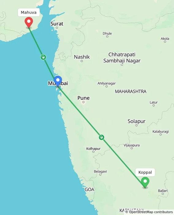 Route map showing distance and travel time from Koppal, India to Mahuva, India
