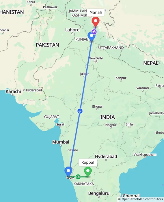 Route map showing distance and travel time from Koppal, India to Manali, India