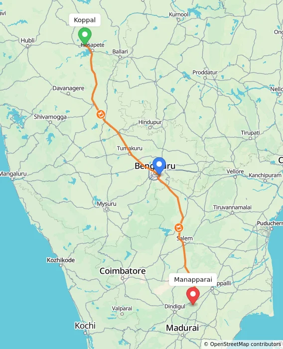Route map showing distance and travel time from Koppal, India to Manapparai, India
