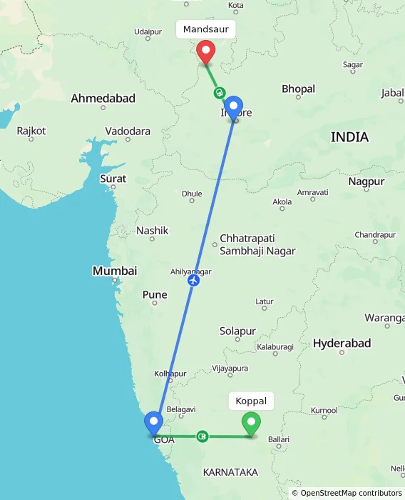 Route map showing distance and travel time from Koppal, India to Mandsaur, India