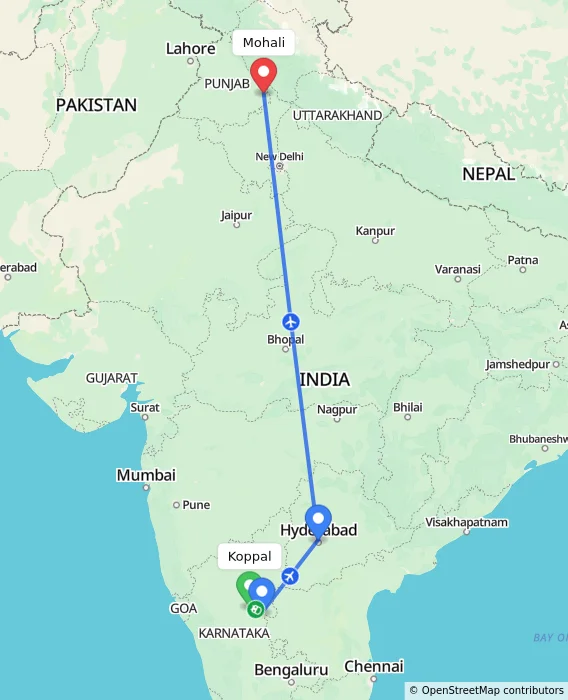 Route map showing distance and travel time from Koppal, India to Mohali, India
