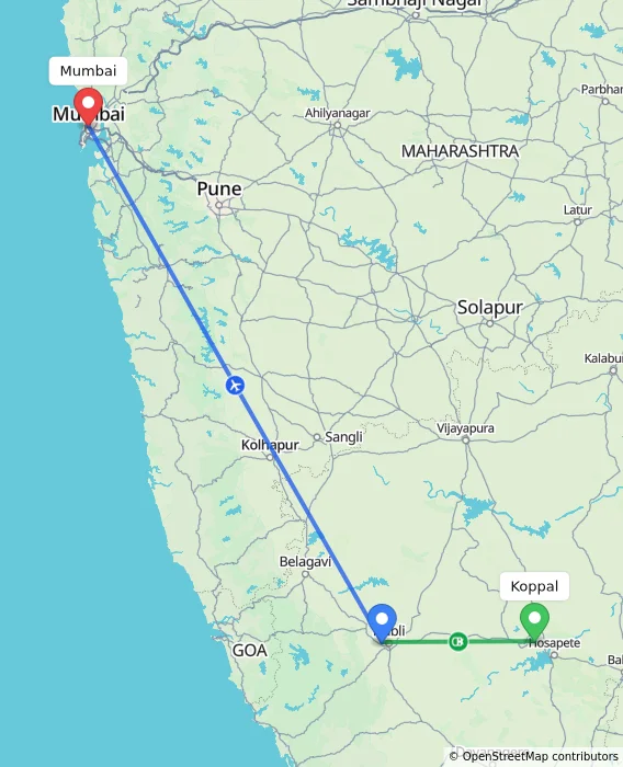 Route map showing distance and travel time from Koppal, India to Mumbai, India