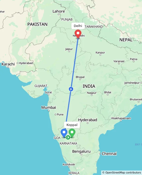Route map showing distance and travel time from Koppal, India to Delhi, India