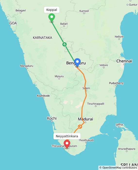 Route map showing distance and travel time from Koppal, India to Neyyattinkara, India