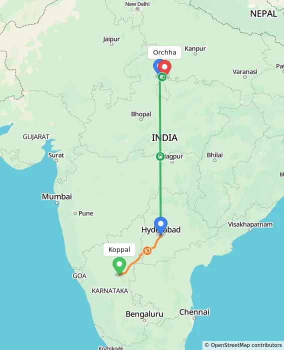 Route map showing distance and travel time from Koppal, India to Orchha, India