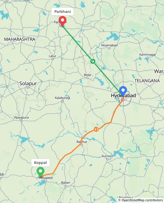 Route map showing distance and travel time from Koppal, India to Parbhani, India