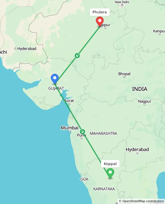 Route map showing distance and travel time from Koppal, India to Phulera, India