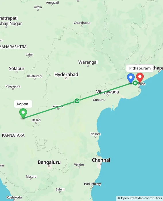 Route map showing distance and travel time from Koppal, India to Pithapuram, India