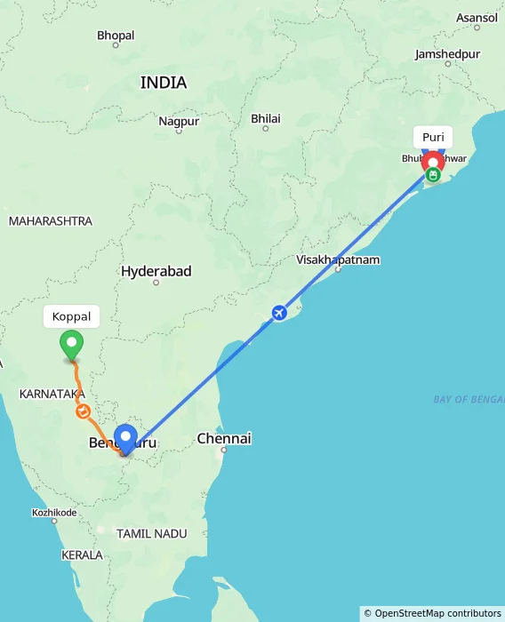 Route map showing distance and travel time from Koppal, India to Puri, India