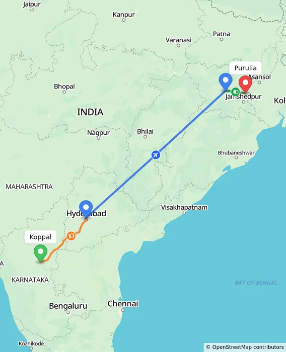 Route map showing distance and travel time from Koppal, India to Purulia, India