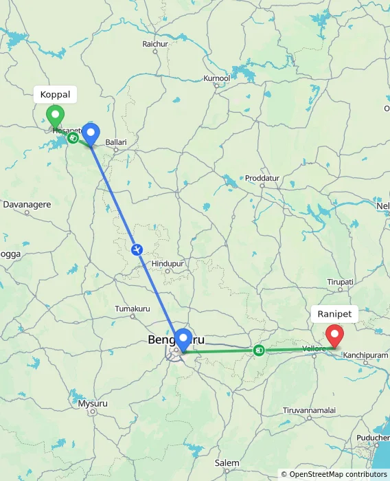 Route map showing distance and travel time from Koppal, India to Ranipet, India