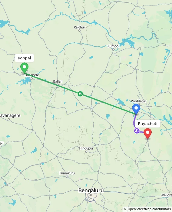 Route map showing distance and travel time from Koppal, India to Rayachoti, India