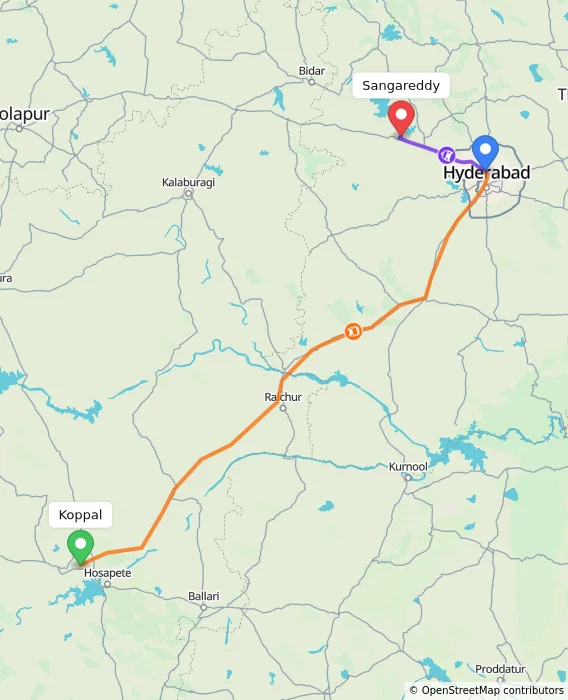 Route map showing distance and travel time from Koppal, India to Sangareddy, India