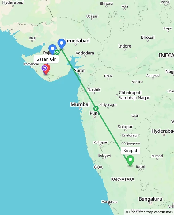 Route map showing distance and travel time from Koppal, India to Sasan Gir, India