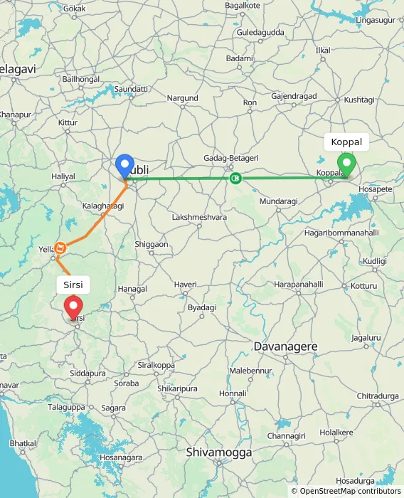 Route map showing distance and travel time from Koppal, India to Sirsi, India