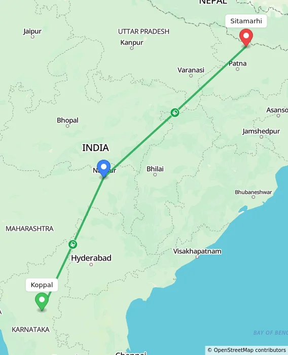 Route map showing distance and travel time from Koppal, India to Sitamarhi, India