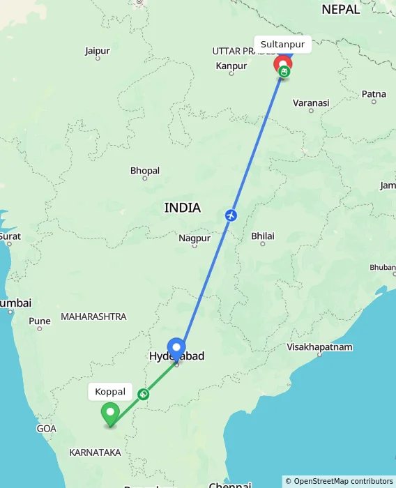 Route map showing distance and travel time from Koppal, India to Sultanpur, India