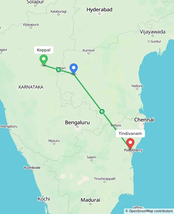 Route map showing distance and travel time from Koppal, India to Tindivanam, India