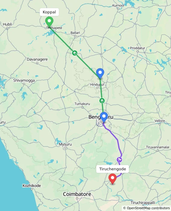 Route map showing distance and travel time from Koppal, India to Tiruchengode, India