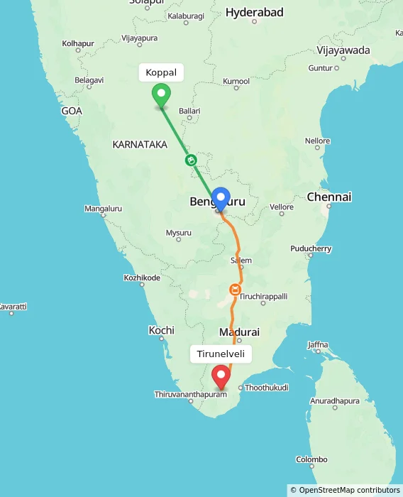 Route map showing distance and travel time from Koppal, India to Tirunelveli, India